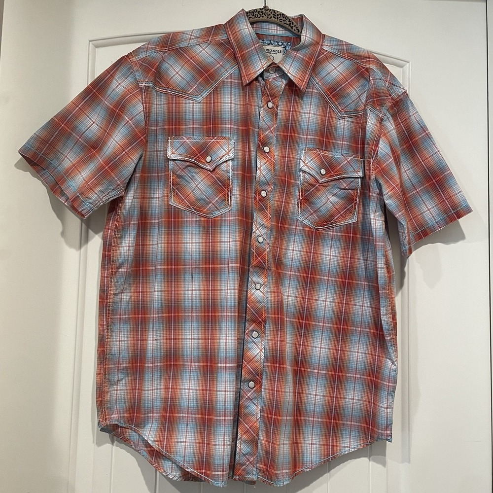 Panhandle Men's Western Shirt Size Large Short Sleeve Orange Blue Plaid